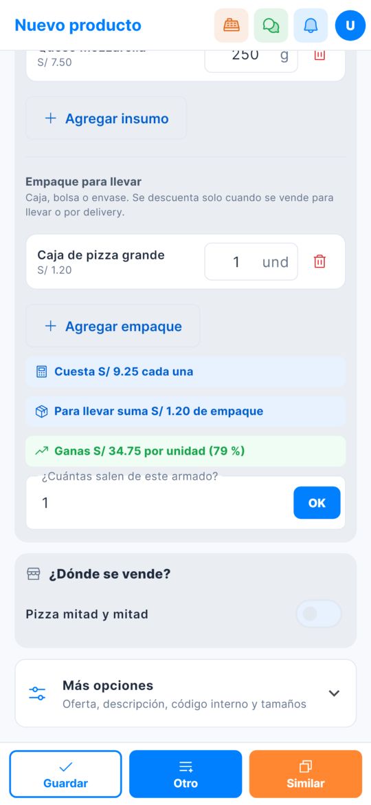 Armado de un producto en Caja Elche, con su costo y su ganancia